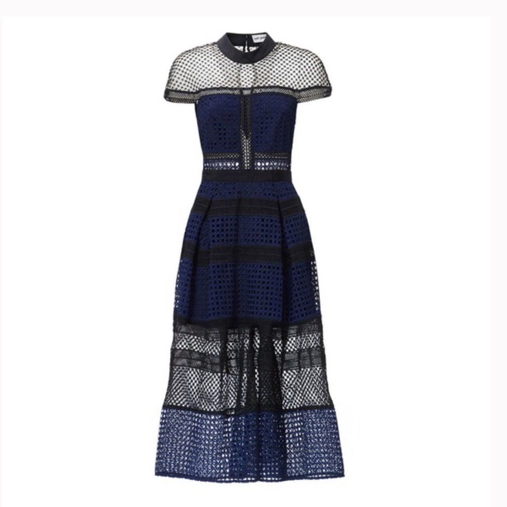SELF-PORTRAIT Navy Crosshatch Guipure Lace Midi